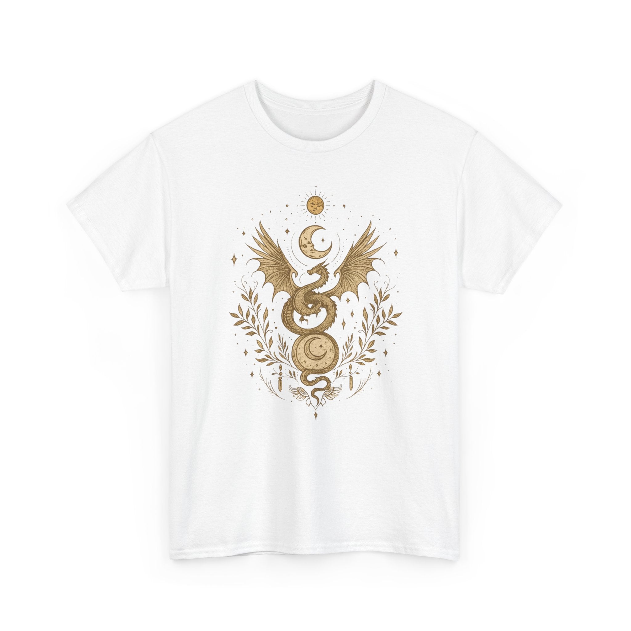 Camiseta Boho Mística Dragon Lunar Gold · Celestial Moon Serpent Tee