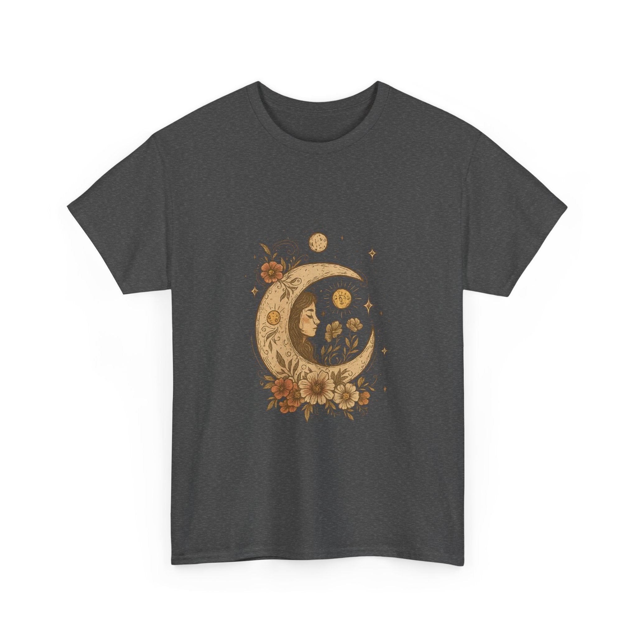 Boho Celestial Moon & Floral Unisex T-Shirt  Aesthetic boho celestial t-shirt with moon and floral design. Soft cotton, unisex fit. Perfect for spiritual, mystical and nature lovers.