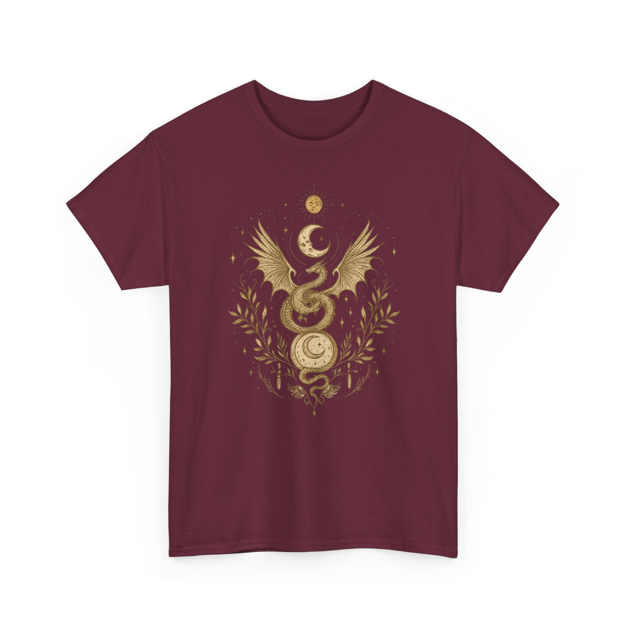 Camiseta Boho Mística Dragon Lunar Gold · Celestial Moon Serpent Tee