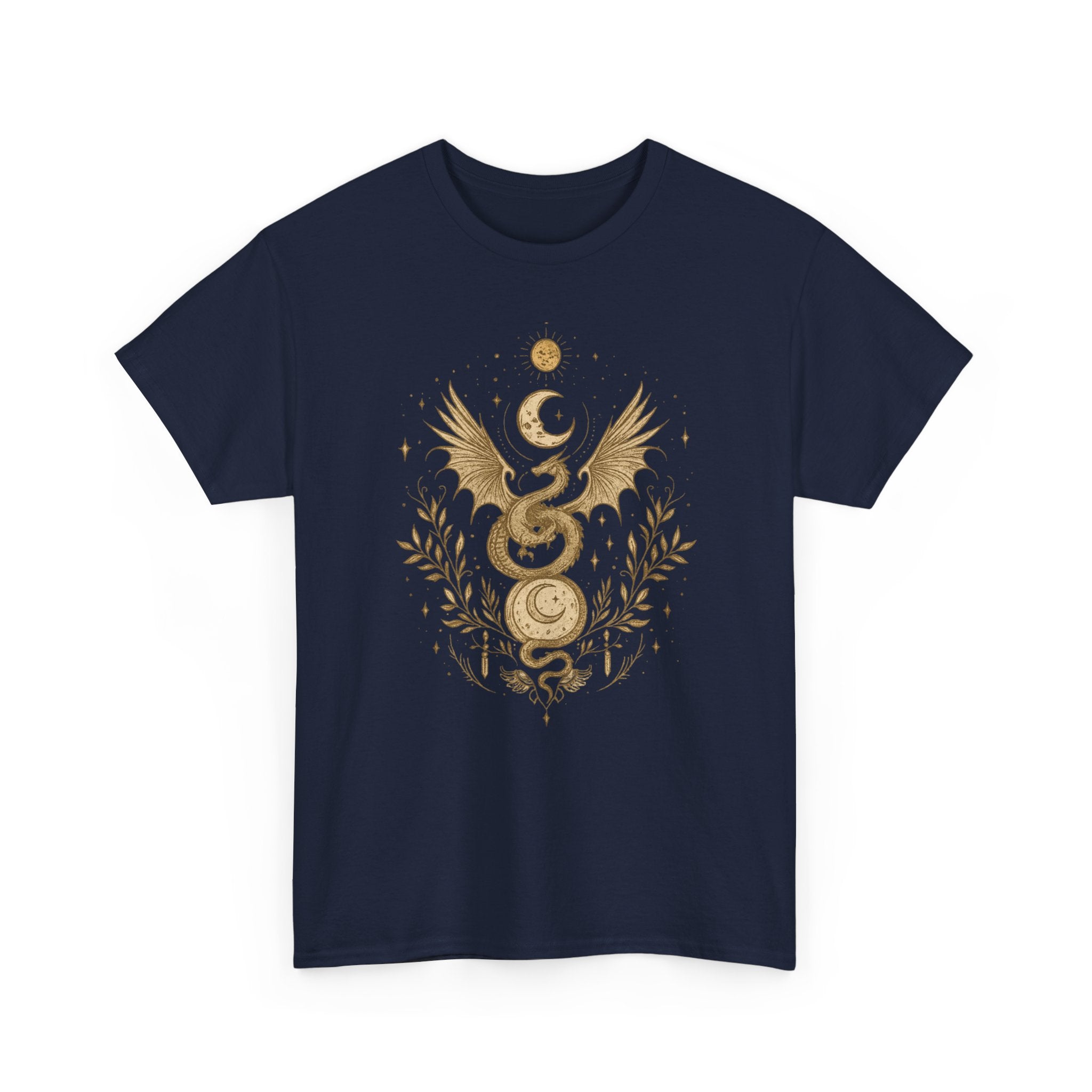 Camiseta Boho Mística Dragon Lunar Gold · Celestial Moon Serpent Tee