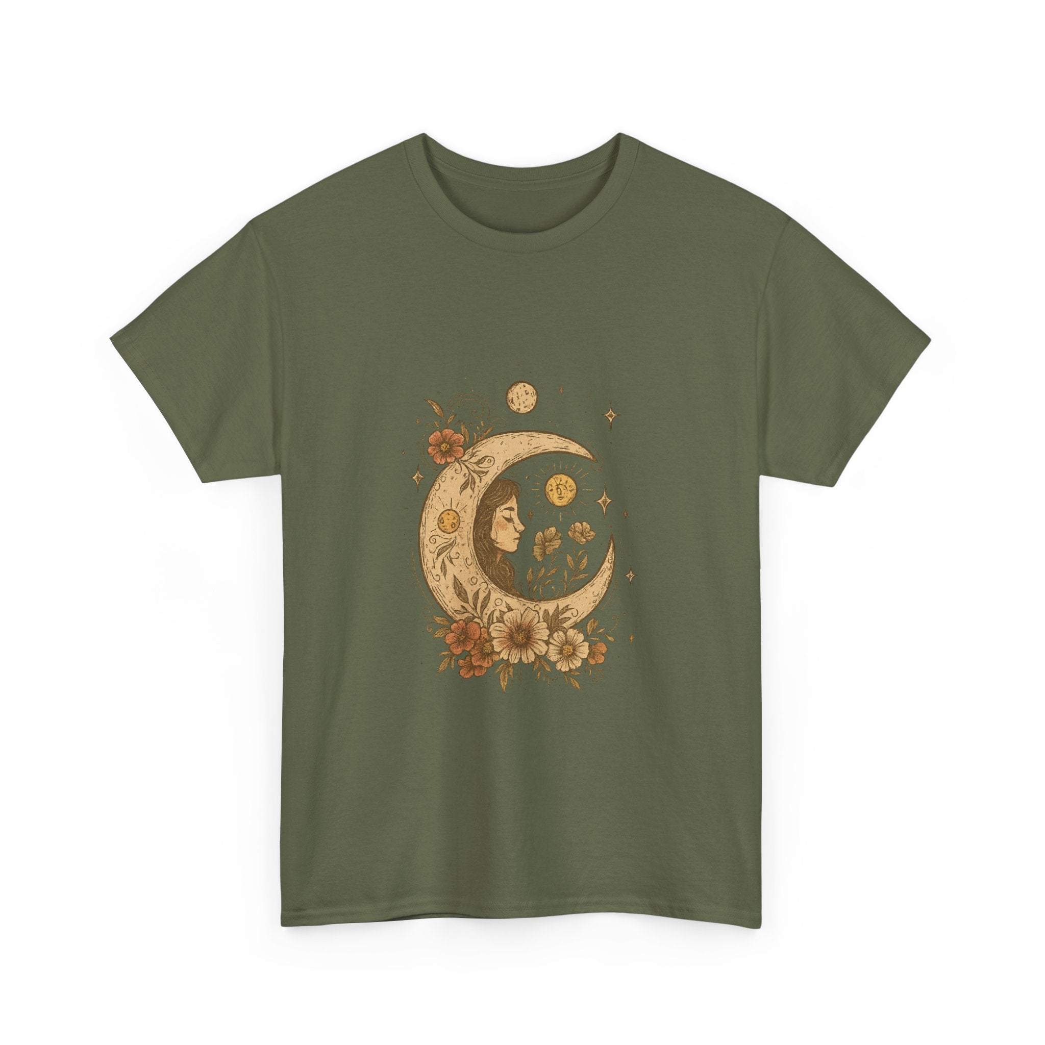 Boho Celestial Moon & Floral Unisex T-Shirt  Aesthetic boho celestial t-shirt with moon and floral design. Soft cotton, unisex fit. Perfect for spiritual, mystical and nature lovers.