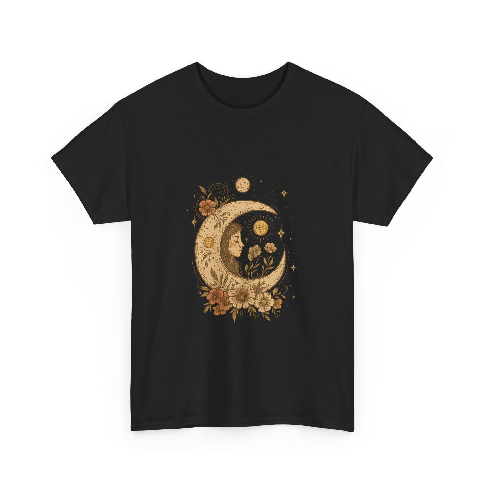 Boho Celestial Moon & Floral Unisex T-Shirt  Aesthetic boho celestial t-shirt with moon and floral design. Soft cotton, unisex fit. Perfect for spiritual, mystical and nature lovers.