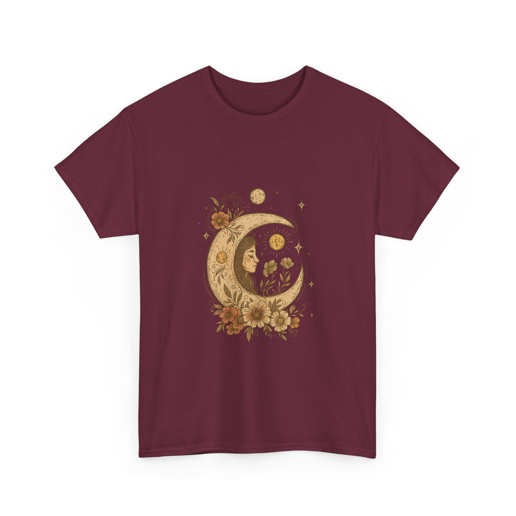 Boho Celestial Moon & Floral Unisex T-Shirt  Aesthetic boho celestial t-shirt with moon and floral design. Soft cotton, unisex fit. Perfect for spiritual, mystical and nature lovers.