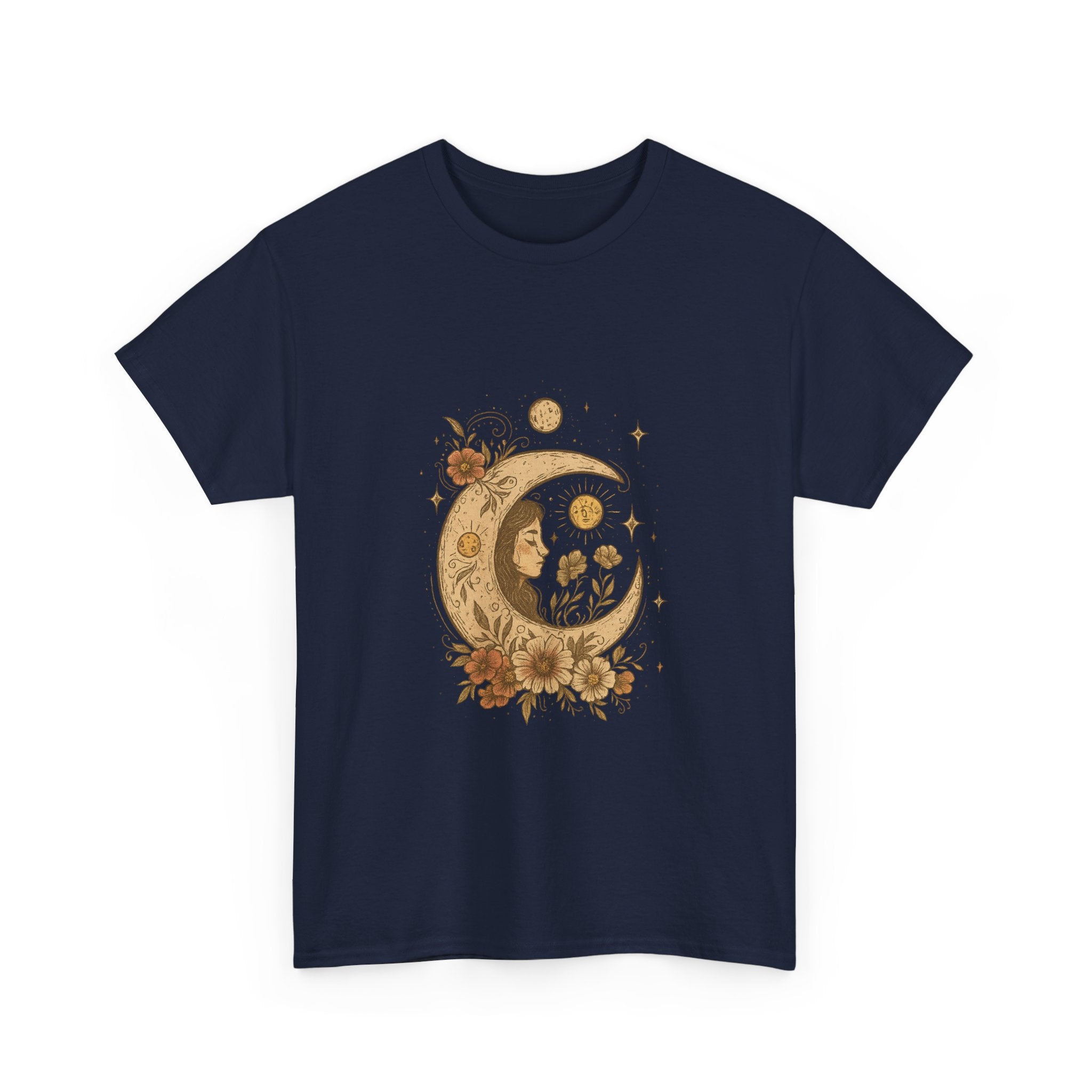 Boho Celestial Moon & Floral Unisex T-Shirt  Aesthetic boho celestial t-shirt with moon and floral design. Soft cotton, unisex fit. Perfect for spiritual, mystical and nature lovers.