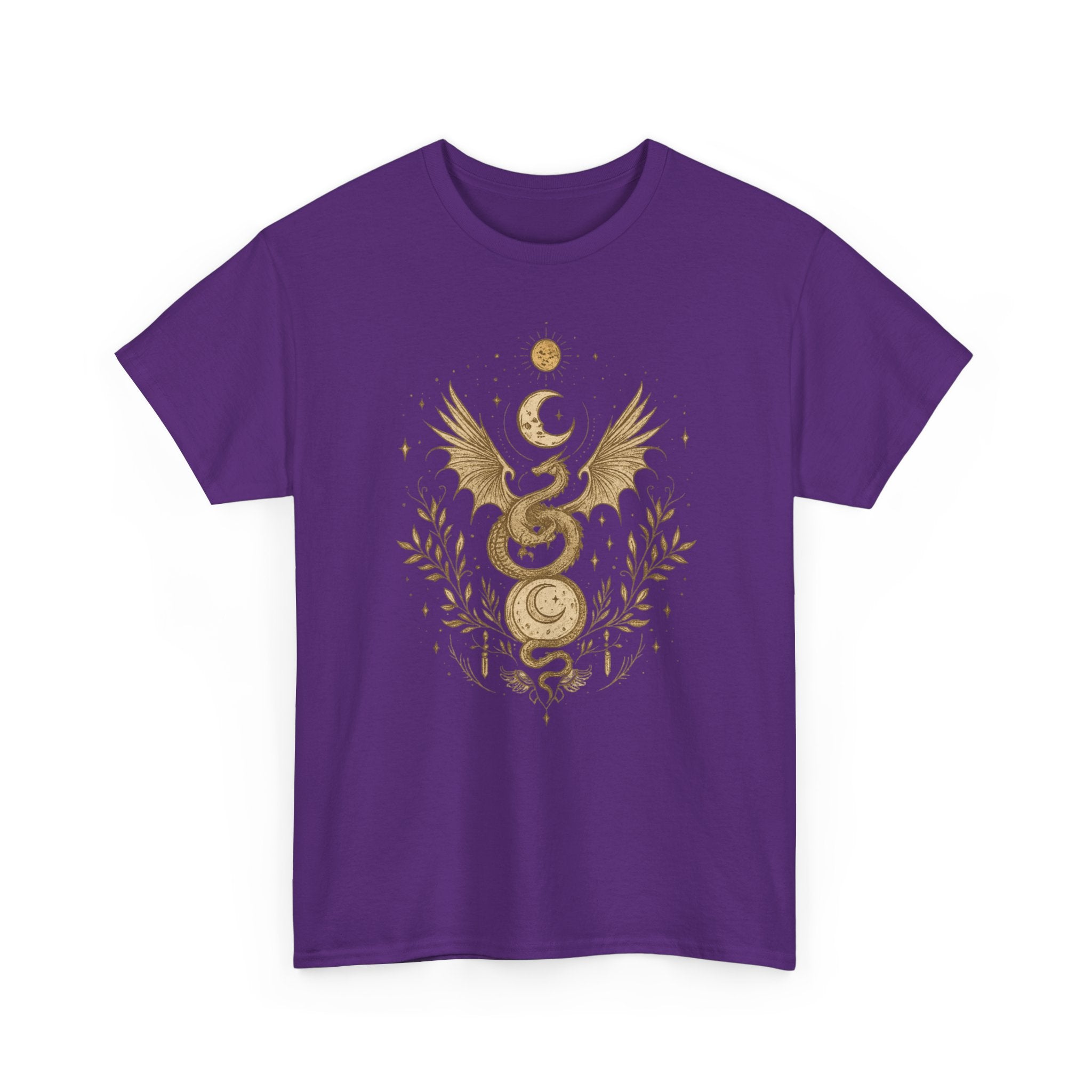 Camiseta Boho Mística Dragon Lunar Gold · Celestial Moon Serpent Tee
