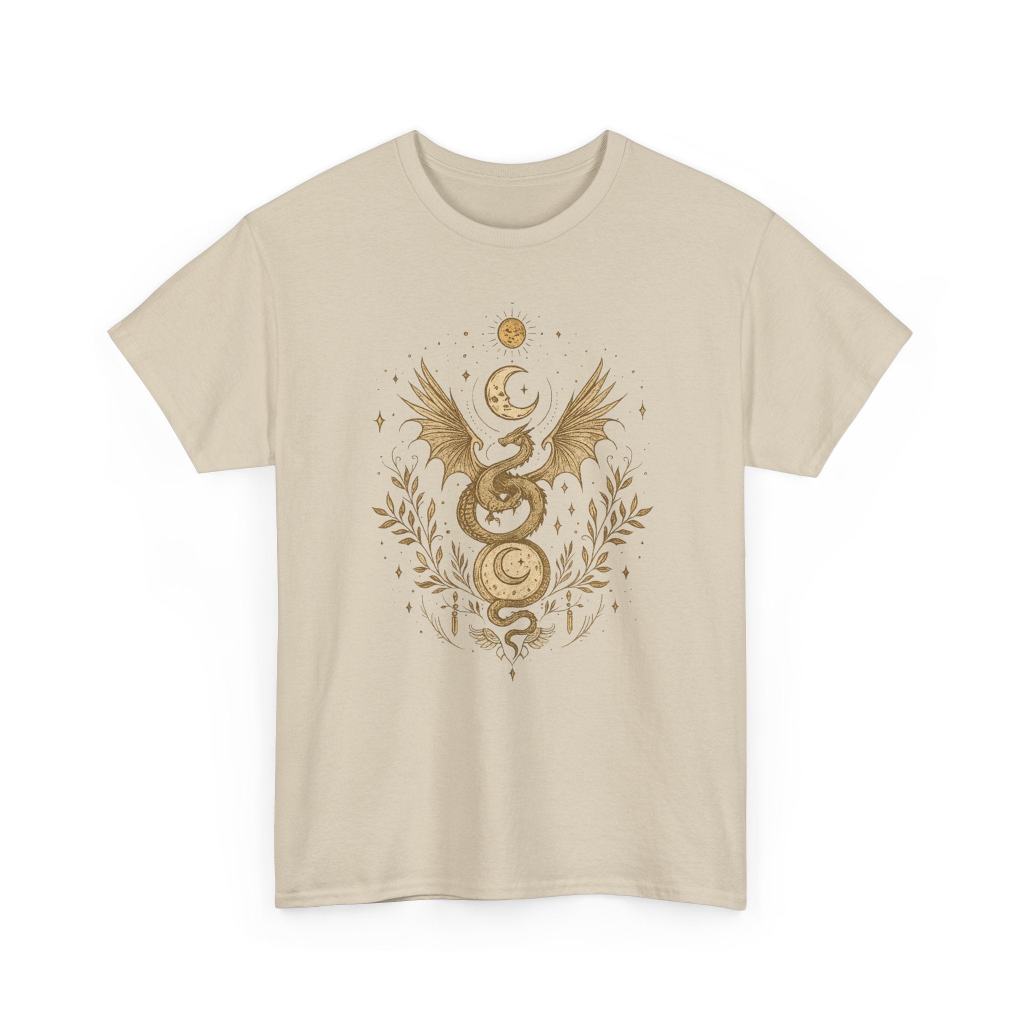 Camiseta Boho Mística Dragon Lunar Gold · Celestial Moon Serpent Tee