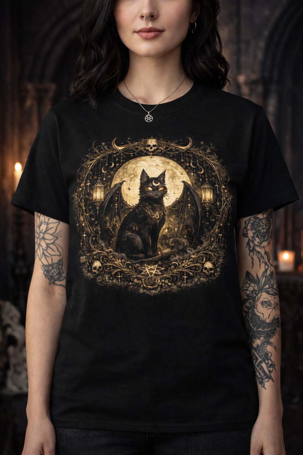 Mystical Gothic Black Cat T-Shirt | Occult Moon Witchy Cat Tee