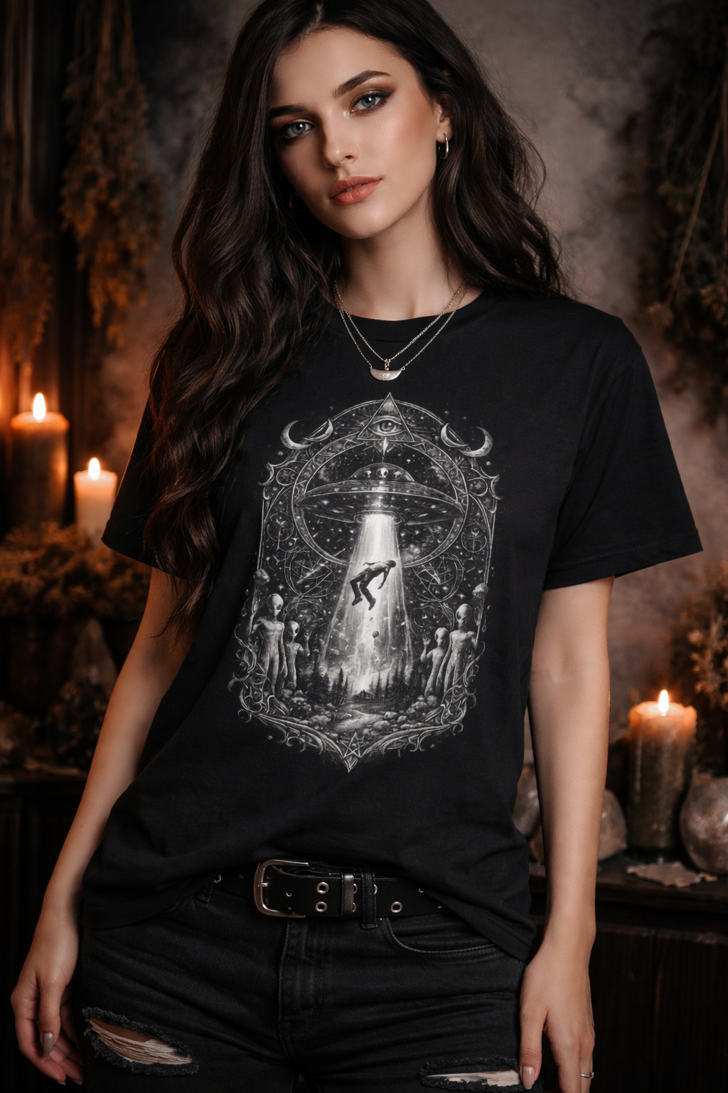 Camiseta Mystical Alien Abduction | Boho Gothic UFO T-Shirt
