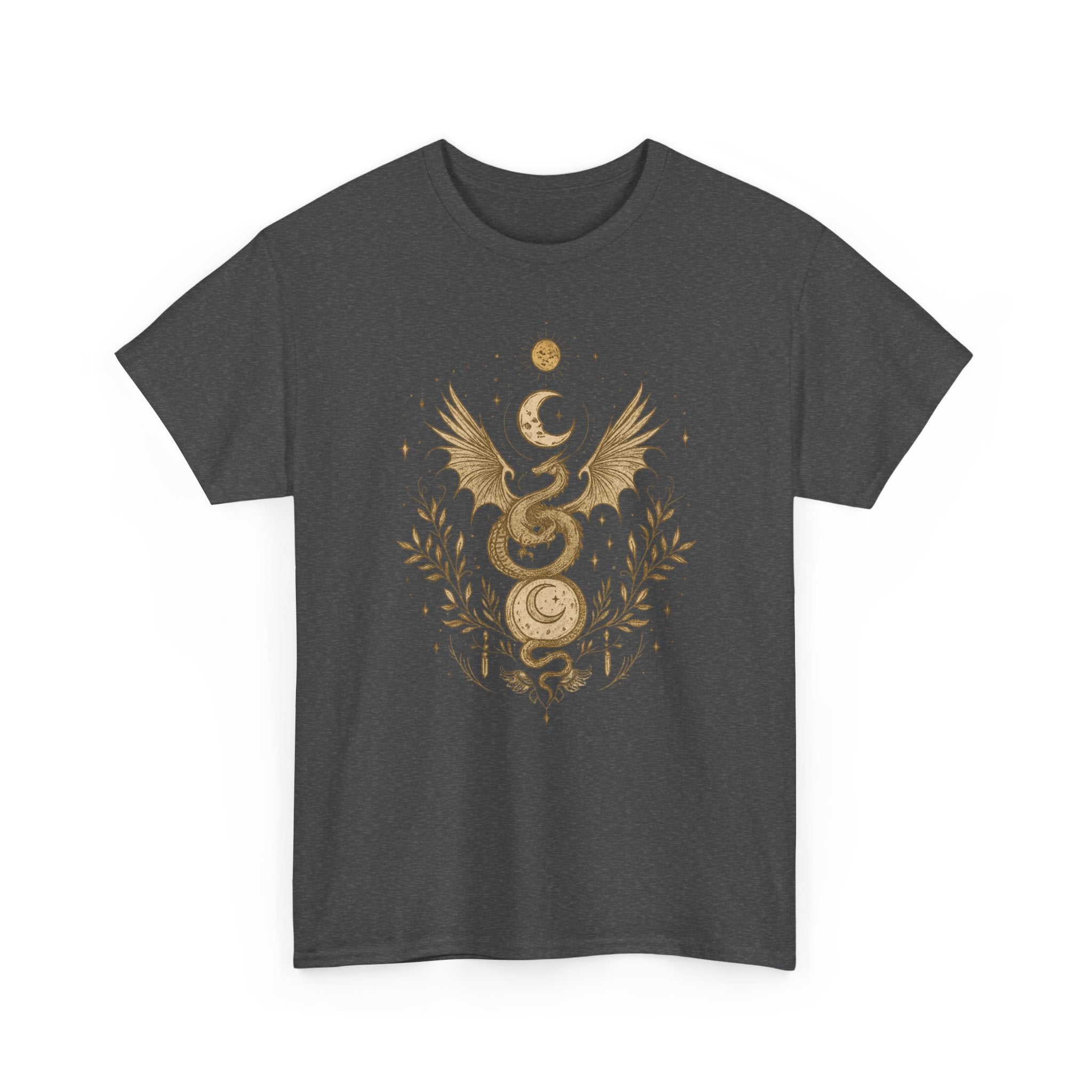 Camiseta Boho Mística Dragon Lunar Gold · Celestial Moon Serpent Tee