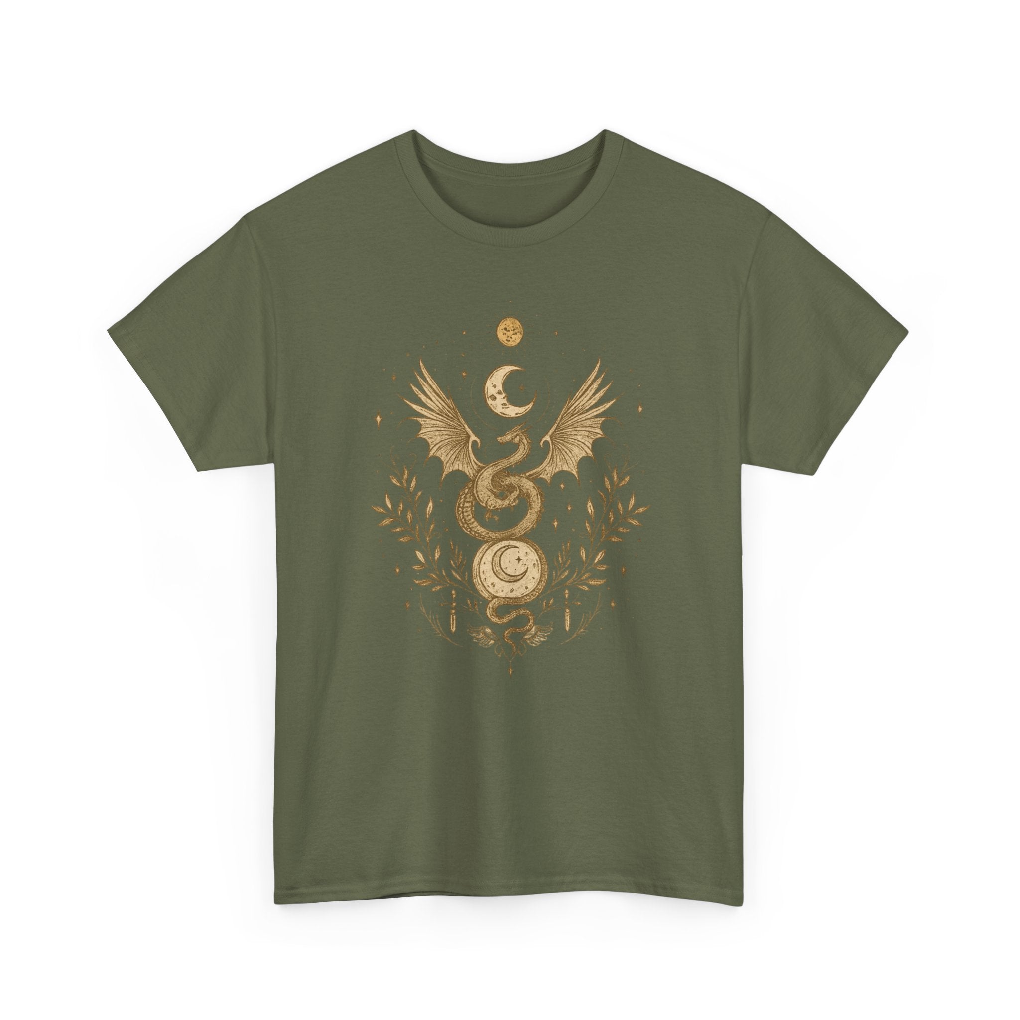 Camiseta Boho Mística Dragon Lunar Gold · Celestial Moon Serpent Tee