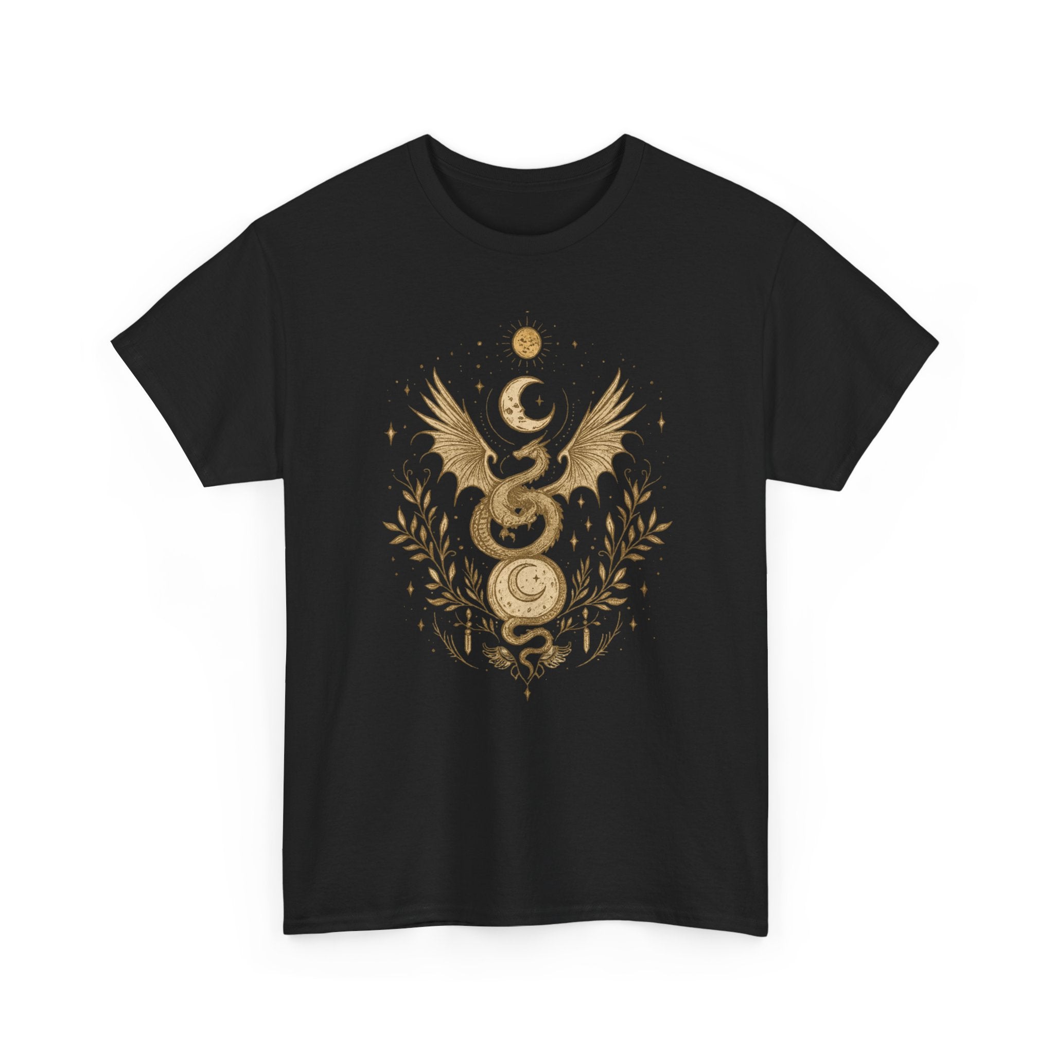 Camiseta Boho Mística Dragon Lunar Gold · Celestial Moon Serpent Tee