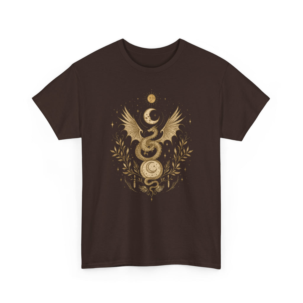 Camiseta Boho Mística Dragon Lunar Gold · Celestial Moon Serpent Tee