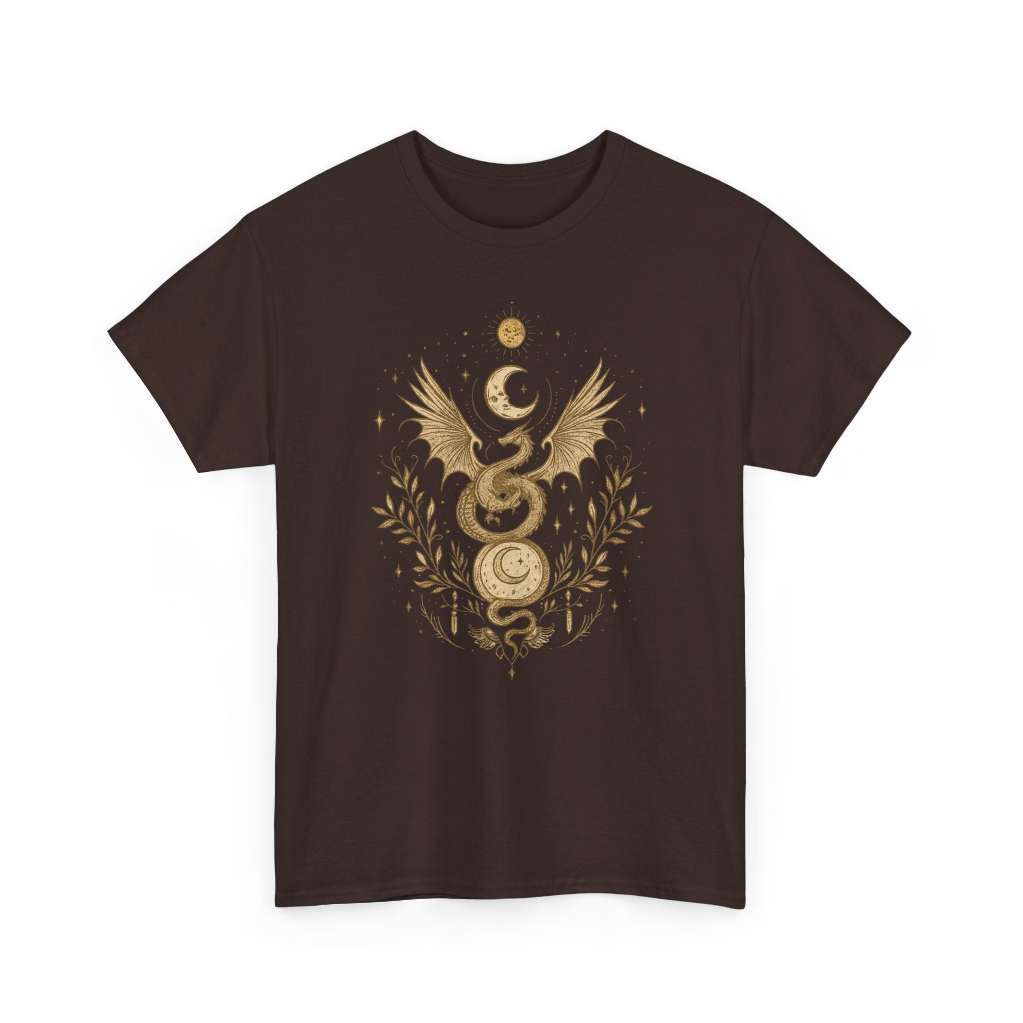 Camiseta Boho Mística Dragon Lunar Gold · Celestial Moon Serpent Tee