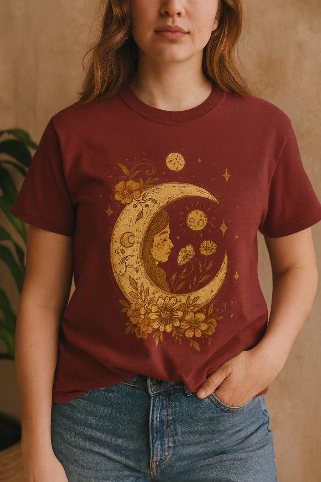 Boho Celestial Moon & Floral Unisex T-Shirt  Aesthetic boho celestial t-shirt with moon and floral design. Soft cotton, unisex fit. Perfect for spiritual, mystical and nature lovers.