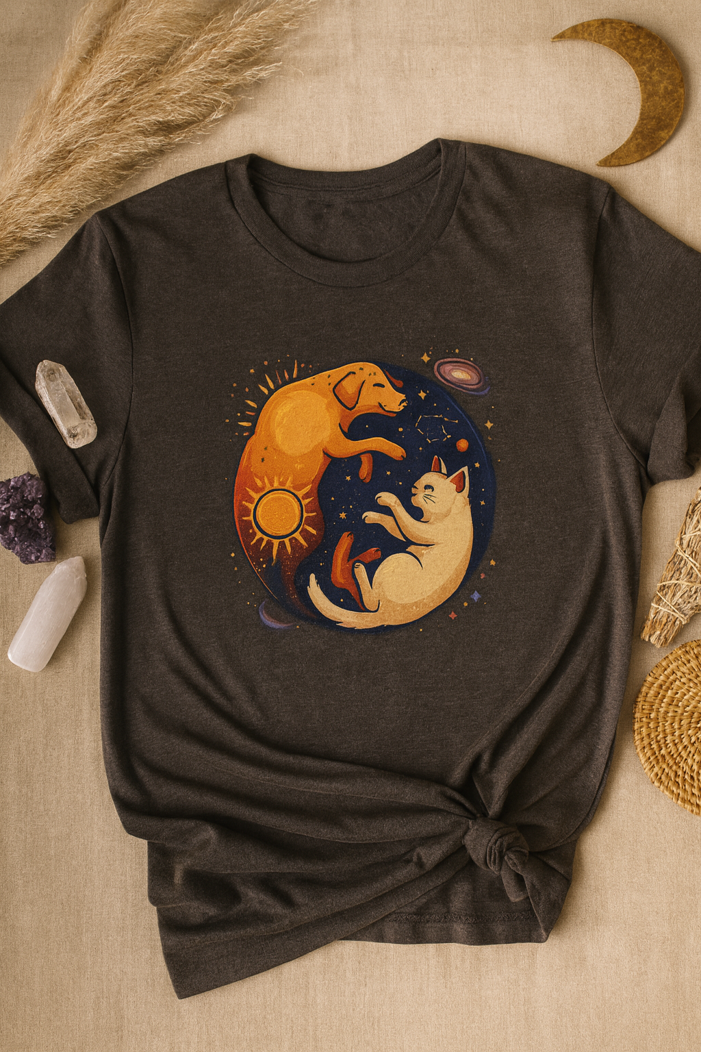 Camiseta Boho Celestial Yin Yang Dog Cat Tee