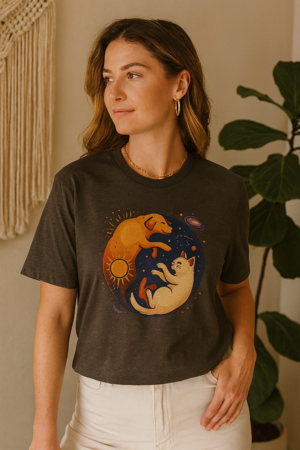 Camiseta Boho Celestial Yin Yang Dog Cat Tee
