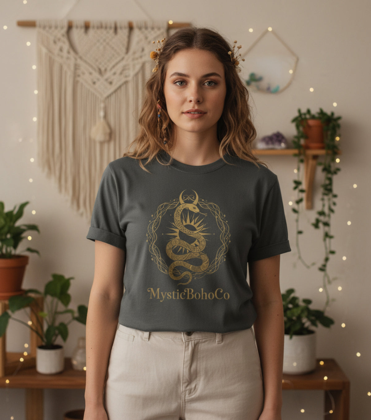 Camiseta Boho Mística Serpent Moon | Mystic Snake Lotus Tee